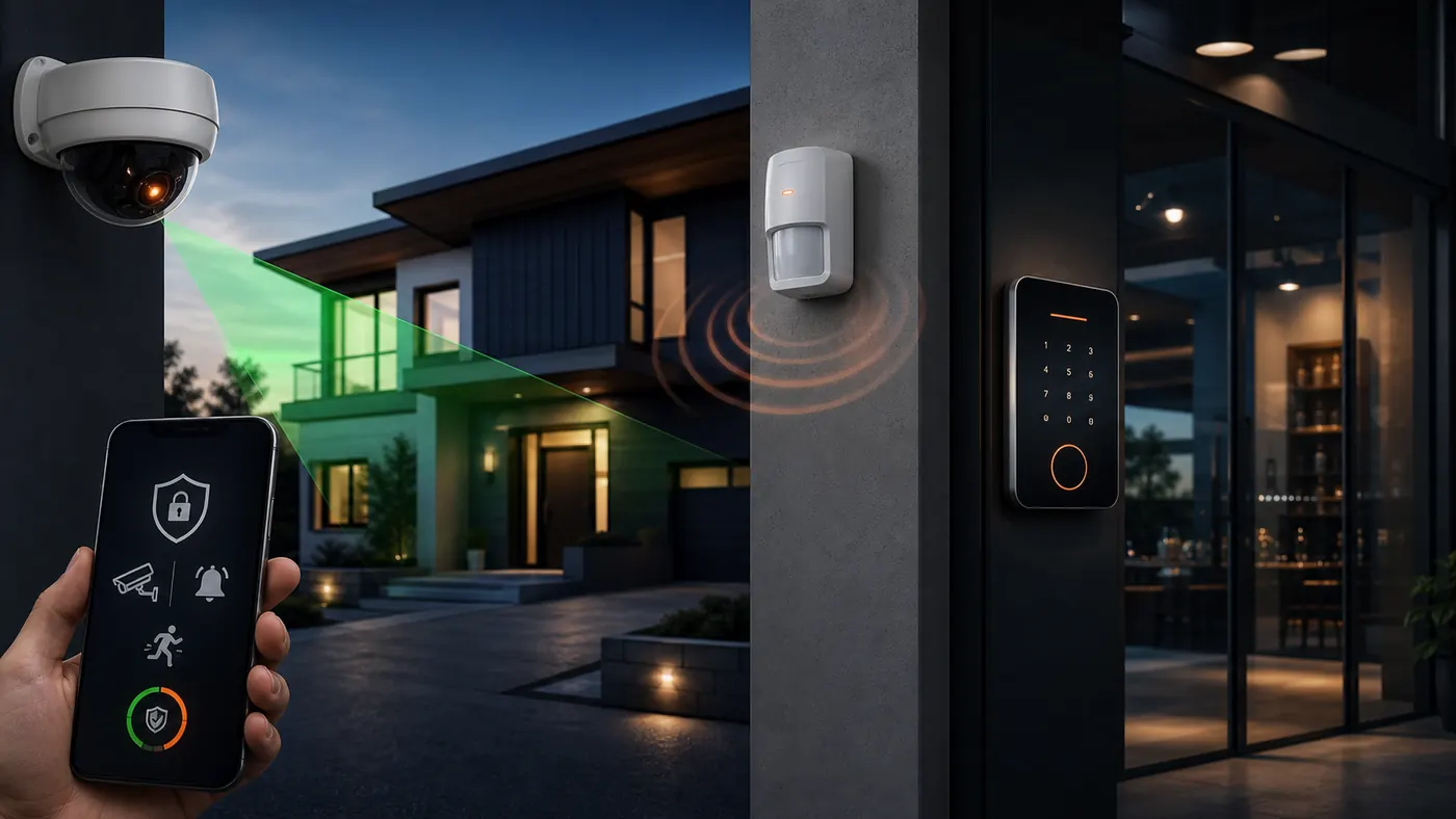 Casa moderna com câmera de segurança, sensor de presença, teclado de alarme e aplicativo no celular